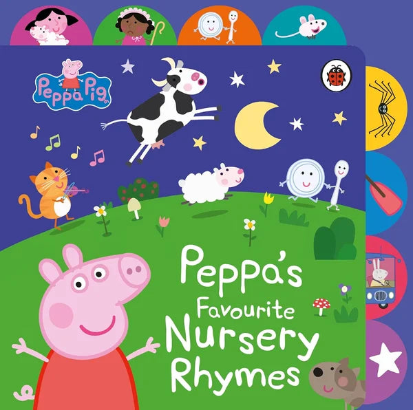 Children's book titled 'Peppa's Favourite Nursery Rhymes' with colorful illustrations of Peppa Pig and friends.