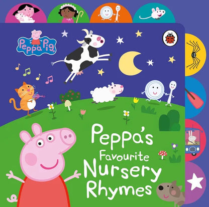 Children's book titled 'Peppa's Favourite Nursery Rhymes' with colorful illustrations of Peppa Pig and friends.