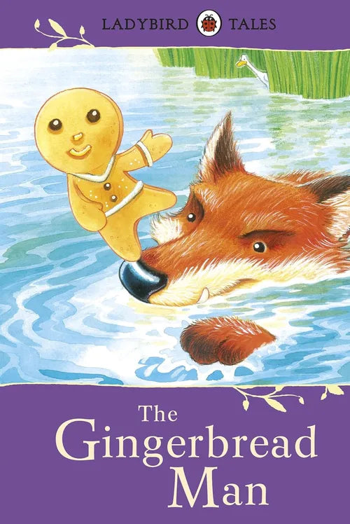 Book cover of 'The Gingerbread Man' with a gingerbread man and fox in water, featuring Ladybird Tales branding.