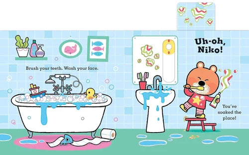 Cartoon bear brushing teeth in a bathroom with bath toys and sink.
