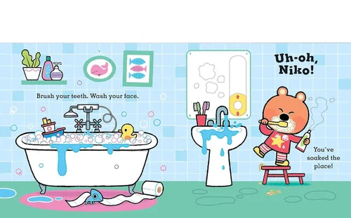 Cartoon bear character brushing teeth in a bathroom with sink and bathtub.