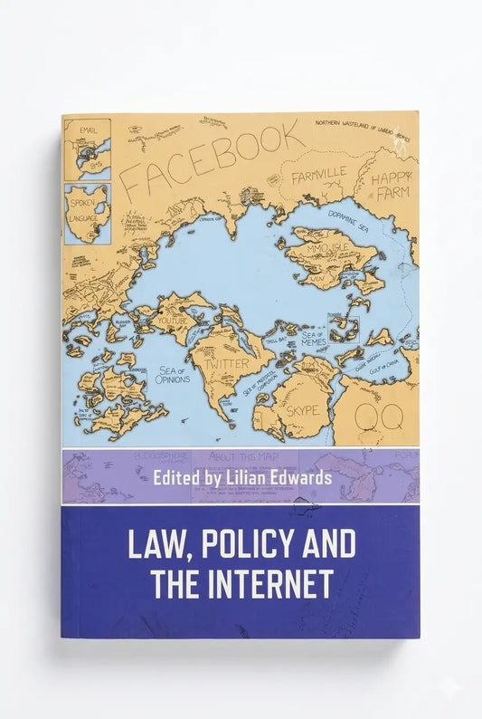 Book cover with world map design and text 'Law, Policy and the Internet' on a white background