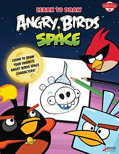Book cover of 'Learn to Draw Angry Birds Space' with cartoon birds and drawing materials.