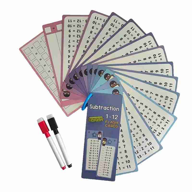 Set of subtraction flash cards with markers on a white background