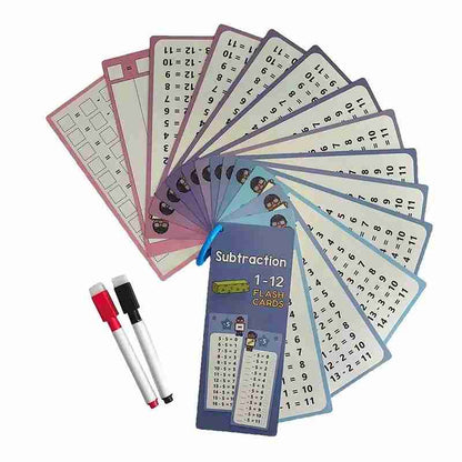 Set of subtraction flash cards with markers on a white background