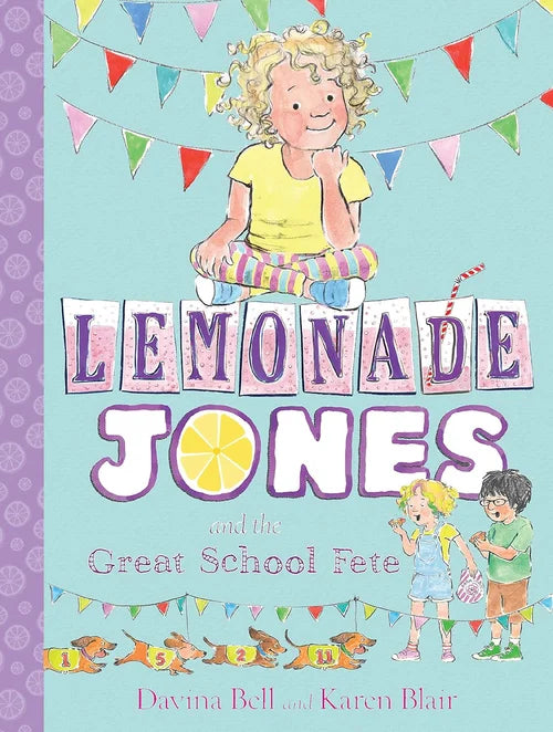 Book cover of 'Lemonade Jones and the Great School Fete' with colorful design and characters.