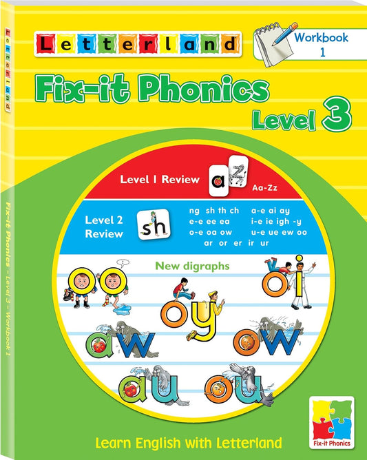 Letterland Fix-it Phonics Level 3 workbook cover with colorful design and text.