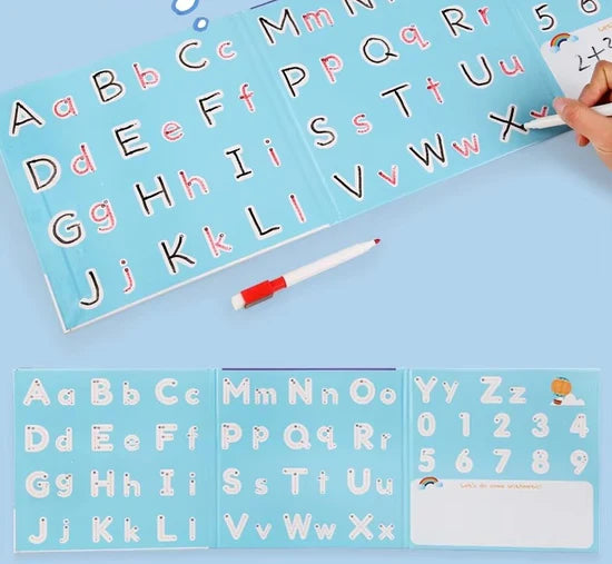 Alphabet and number chart with stickers on a blue background