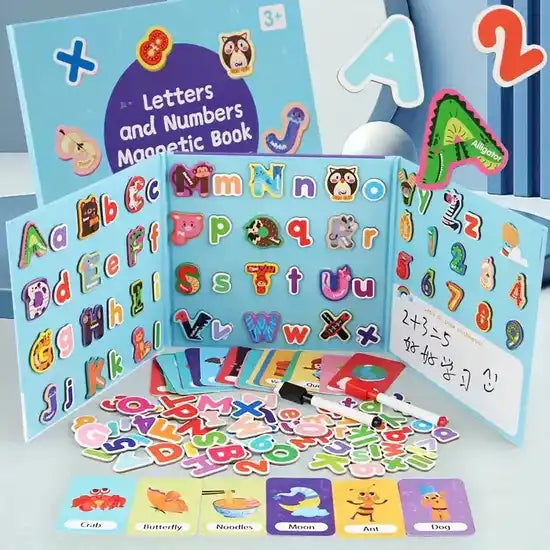Colorful magnetic letters and numbers book for children with a marker and whiteboard.