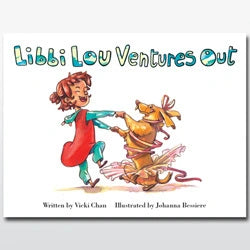 Book cover of 'Libbi Lou Ventures Out' with illustrations of a girl and a dog.