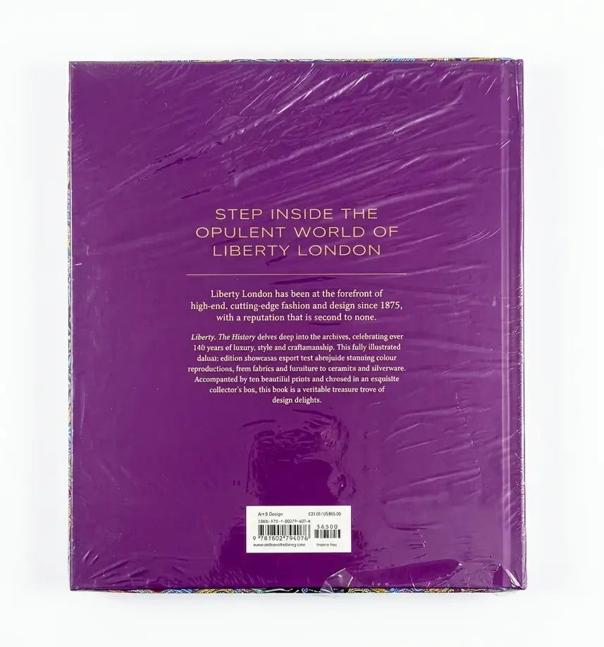 The back cover of a purple book titled 'Step Inside the Opulent World of Liberty London', wrapped in protective plastic, shown against a plain white background.