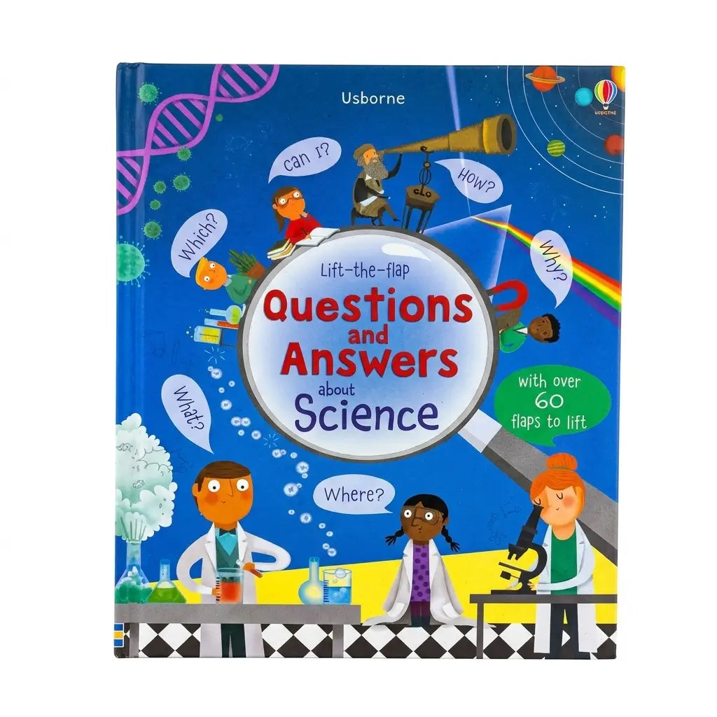 Usborne's 'Questions and Answers about Science' lift-the-flap children's book, featuring a colorful cover illustration of children in a science lab with planets, DNA, and microscopes on a blue background.