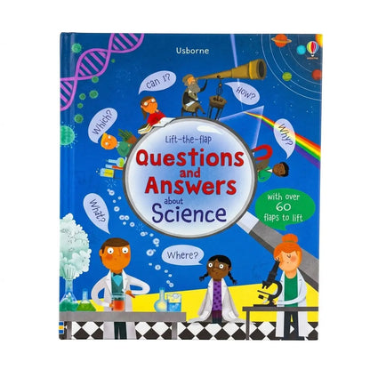 Usborne's 'Questions and Answers about Science' lift-the-flap children's book, featuring a colorful cover illustration of children in a science lab with planets, DNA, and microscopes on a blue background.