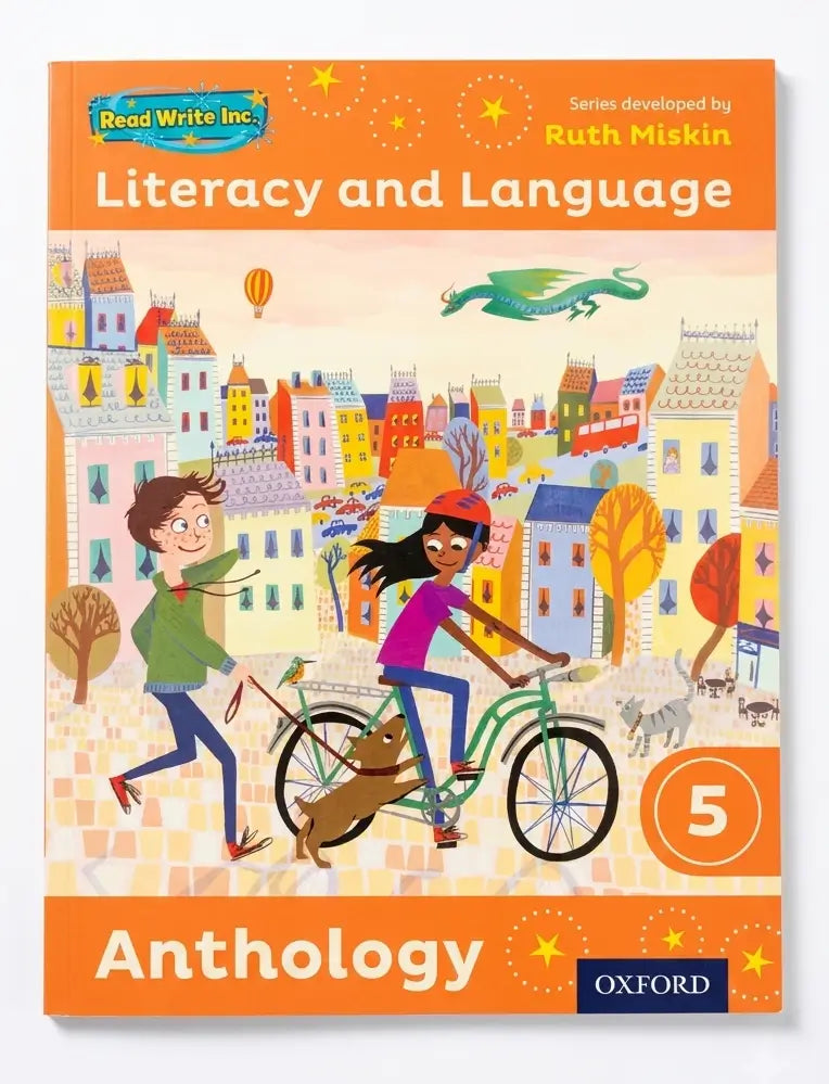 Book cover of 'Literacy and Language Anthology 5' by Ruth Miskin with colorful illustration of children and buildings.