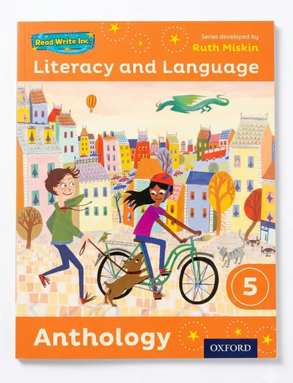 Book cover of 'Literacy and Language Anthology 5' by Ruth Miskin with colorful illustration of children and buildings.