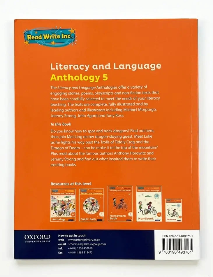 Back cover of a book titled 'Literacy and Language Anthology 5' by Read Write Inc. with text and images of books.