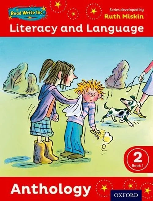 Book cover of 'Read Write Inc. Literacy and Language Anthology' by Ruth Miskin with two children and a dog on a grassy field.