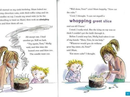 Illustrated book page with children cutting a birthday cake.