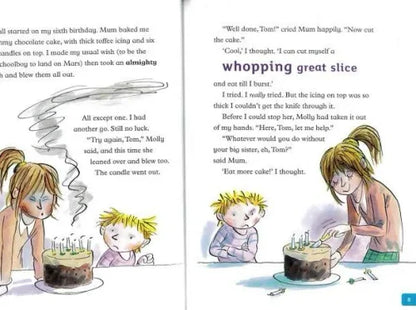 Illustrated book page with children cutting a birthday cake.