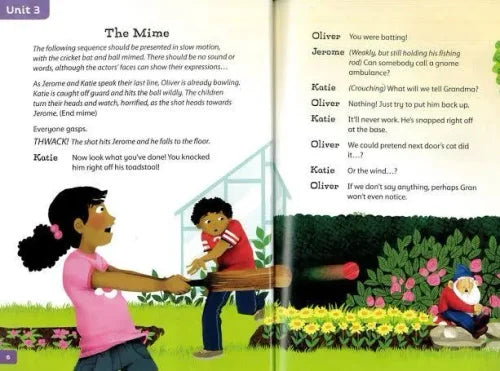 Illustrated book page with children playing cricket and a gnome in a garden.
