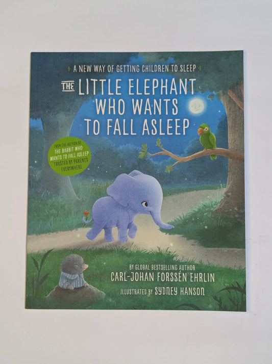 Book cover of 'The Little Elephant Who Wants to Fall Asleep' with a blue elephant and green background.