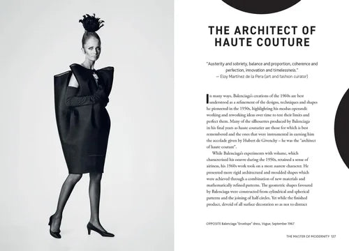 Black and white fashion advertisement with a model wearing a black dress and headpiece, text on the right about haute couture.