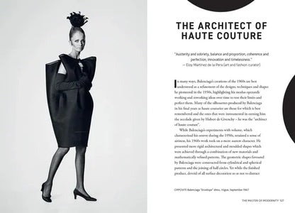 Black and white fashion advertisement with a model wearing a black dress and headpiece, text on the right about haute couture.