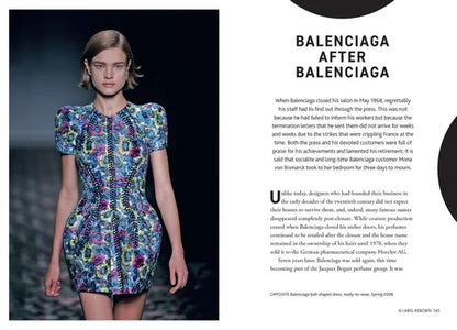 Model wearing a colorful patterned dress with text about Balenciaga on the right side.