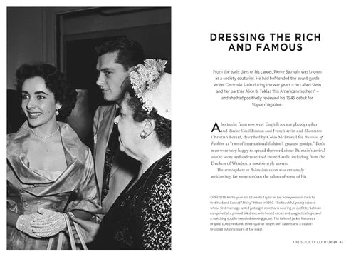 Black and white photograph of a woman in formal attire with text about dressing the rich and famous.