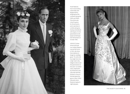 Page from a magazine featuring a black and white photo of a couple and a color photo of a woman in an elegant gown.