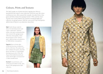 Fashion magazine layout with a model wearing a patterned suit and text on the left.