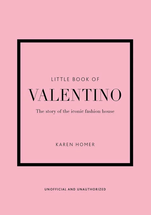 Book cover of 'Little Book of Valentino' with pink background and black text