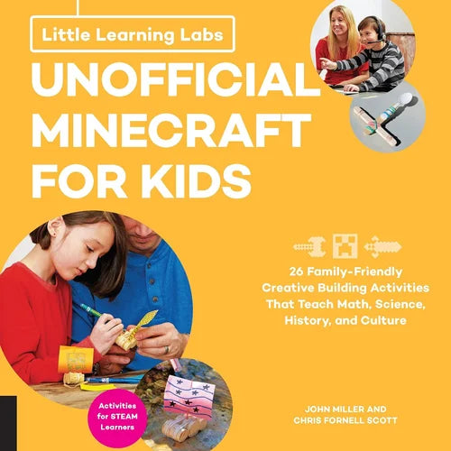 Book cover of 'Unofficial Minecraft for Kids' with images of children and parents engaged in activities.