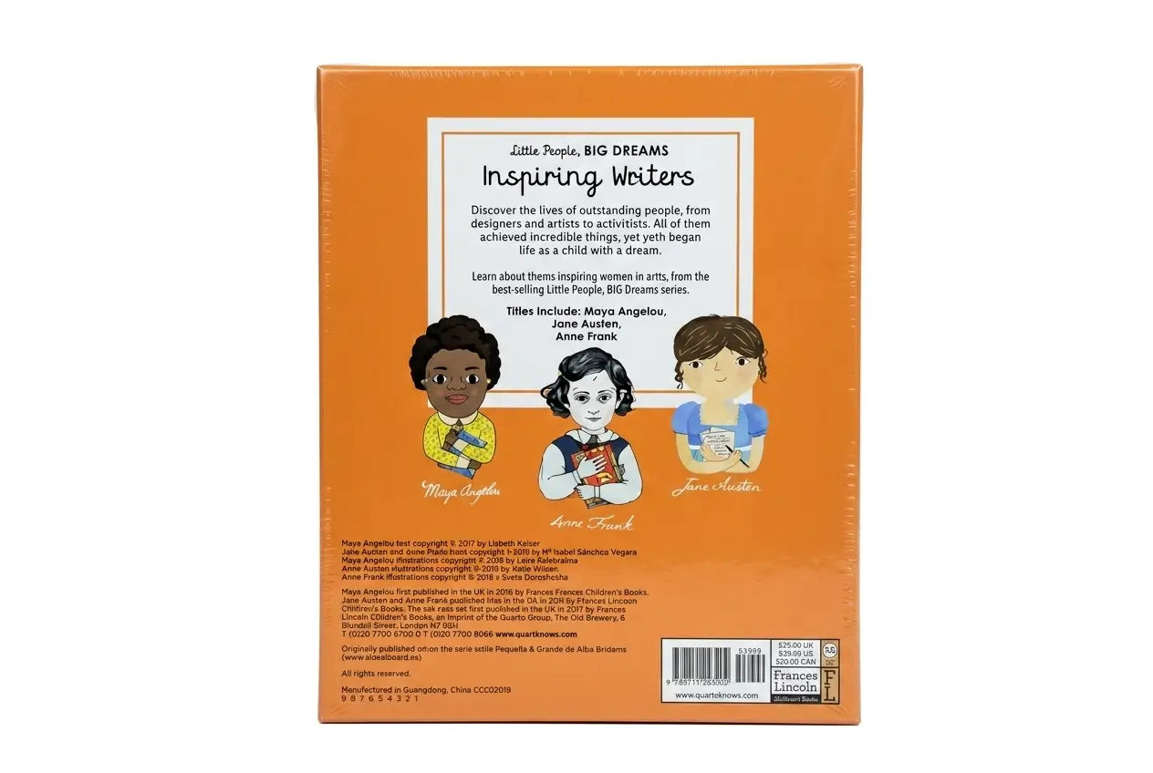 Book back cover with illustrations of children and text on an orange background