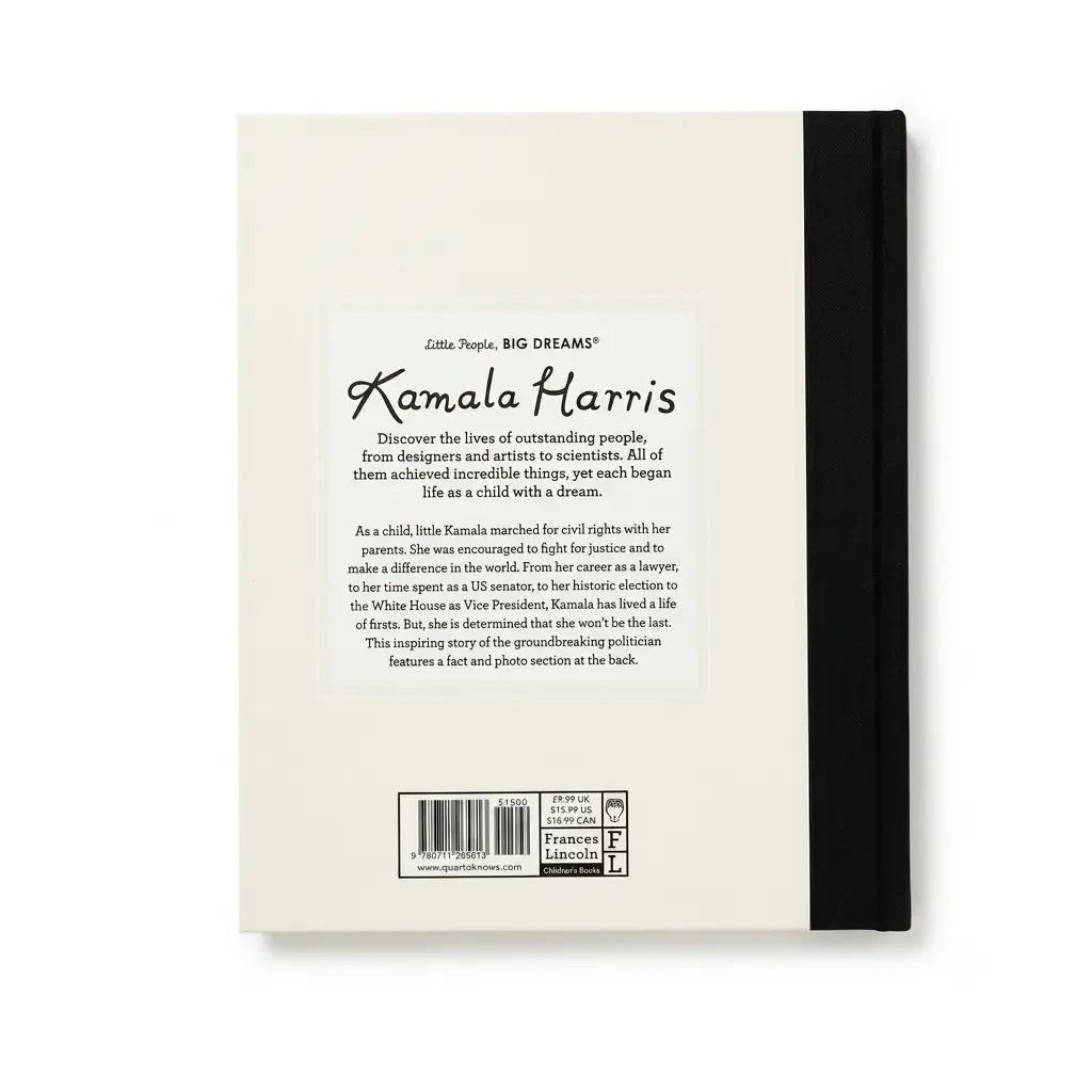 The back cover of a book titled 'Kamala Harris' by Zita People, showing the cream-colored back cover with black text, a barcode, and a black spine band on a white background.