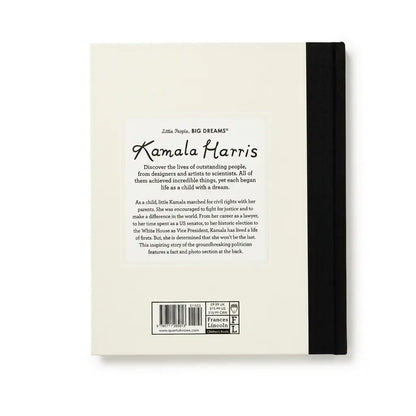 The back cover of a book titled 'Kamala Harris' by Zita People, showing the cream-colored back cover with black text, a barcode, and a black spine band on a white background.