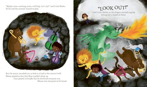 Illustrated book pages showing a child playing music with animals and a dragon breathing fire.