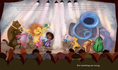 Illustration of a children's book page with animals playing instruments on stage.