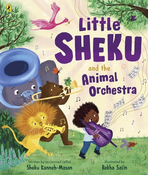 Book cover of 'Little Sheku and the Animal Orchestra' with cartoon animals playing instruments.