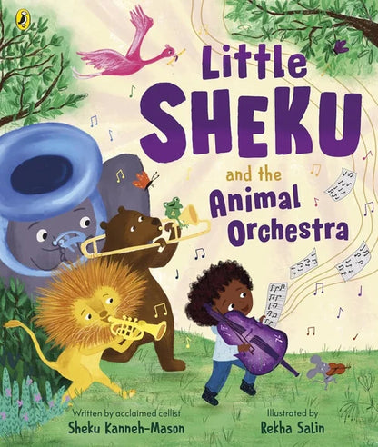 Book cover of 'Little Sheku and the Animal Orchestra' with cartoon animals playing instruments.