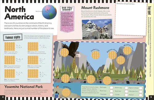 Educational page about North America with Mount Rushmore and Yosemite National Park illustrations.