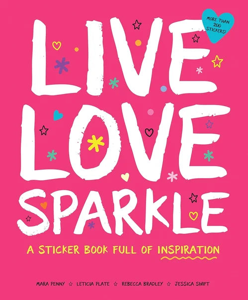 Sticker book cover with 'Live Love Sparkle' text on a pink background