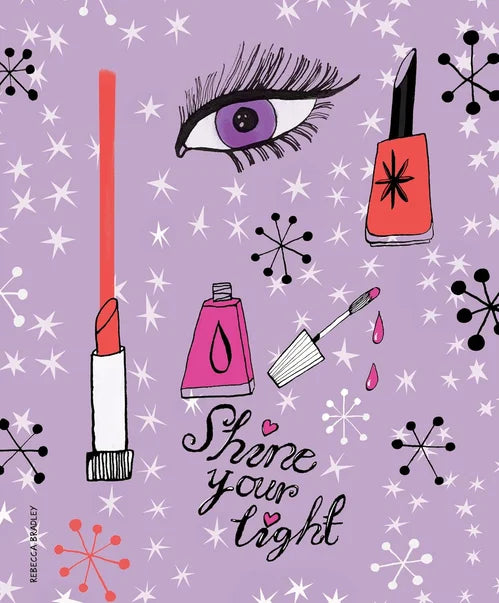 Illustrations of makeup items on a purple background with decorative elements.