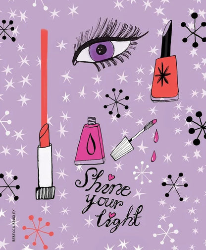 Illustrations of makeup items on a purple background with decorative elements.