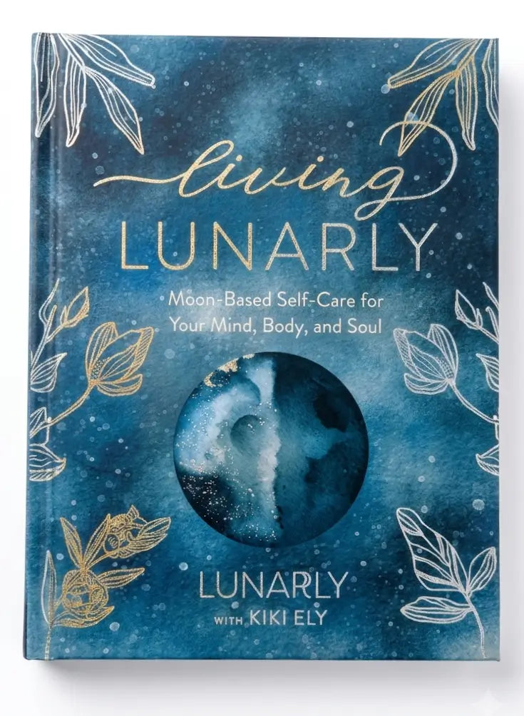 Book titled 'Living Lunarily' with celestial design on a white background