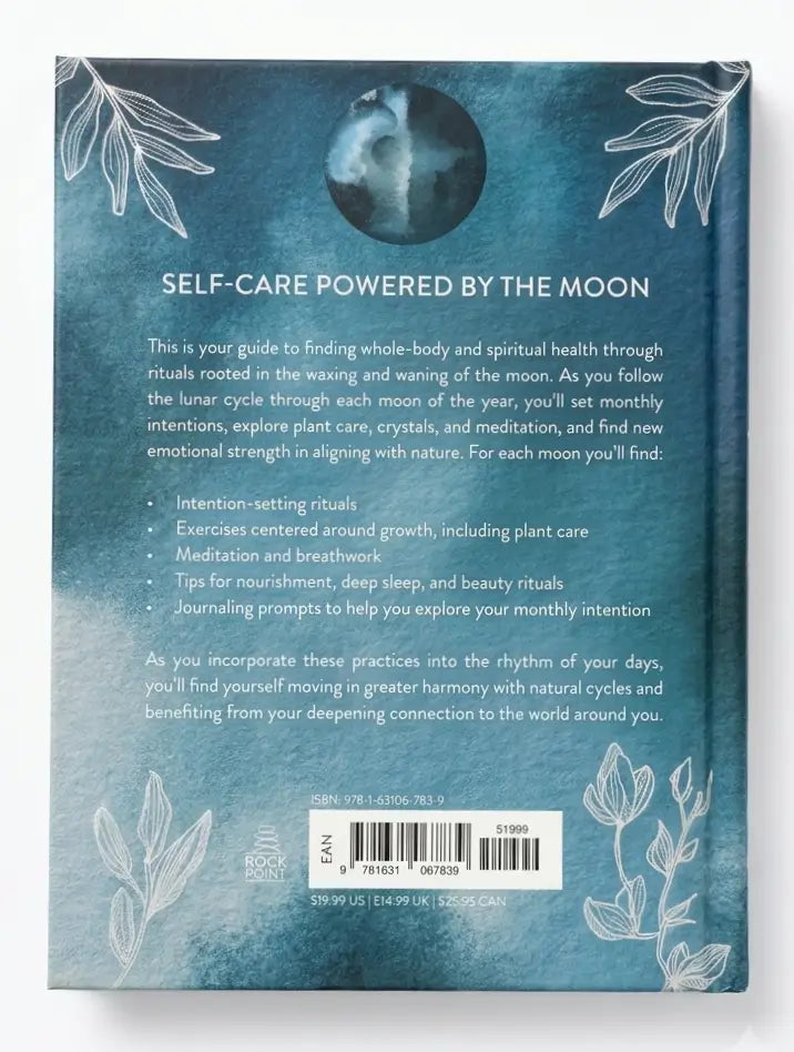 Back cover of a book titled 'Self-Care Powered by the Moon' with text and decorative elements.