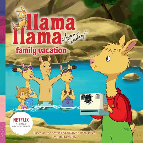 Book cover of 'Llama Llama Family Vacation' with cartoon llamas by a lake, featuring Netflix branding.