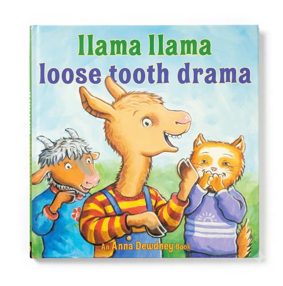 A children's book titled "llama llama loose tooth drama" shown upright against a plain white background. The cover features colorful cartoon animal illustrations, including a llama, a goat, and a cat, with the text "An Anna Dewdney Book" at the bottom.