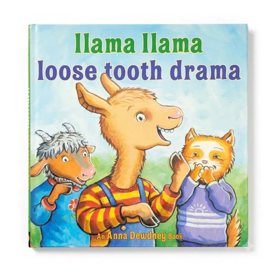 A children's book titled "llama llama loose tooth drama" shown upright against a plain white background. The cover features colorful cartoon animal illustrations, including a llama, a goat, and a cat, with the text "An Anna Dewdney Book" at the bottom.
