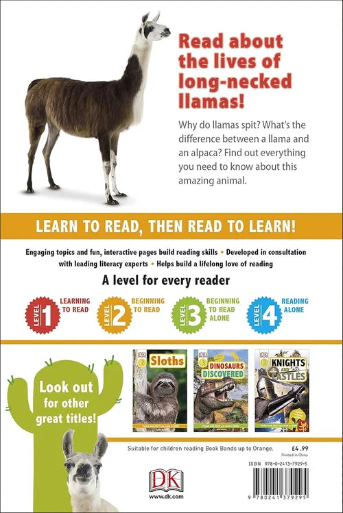 Book cover with a llama illustration and text about long-necked llamas and reading levels.